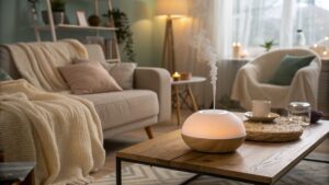 A ultrasonic aroma diffuser on a table in living room