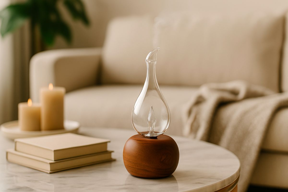 Luxury living room featuring a nebulizer diffuser misting essential oils on a marble table