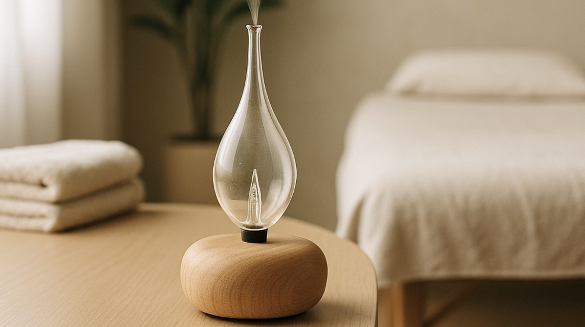 Elegant waterless diffuser on wooden table for aromatherapy