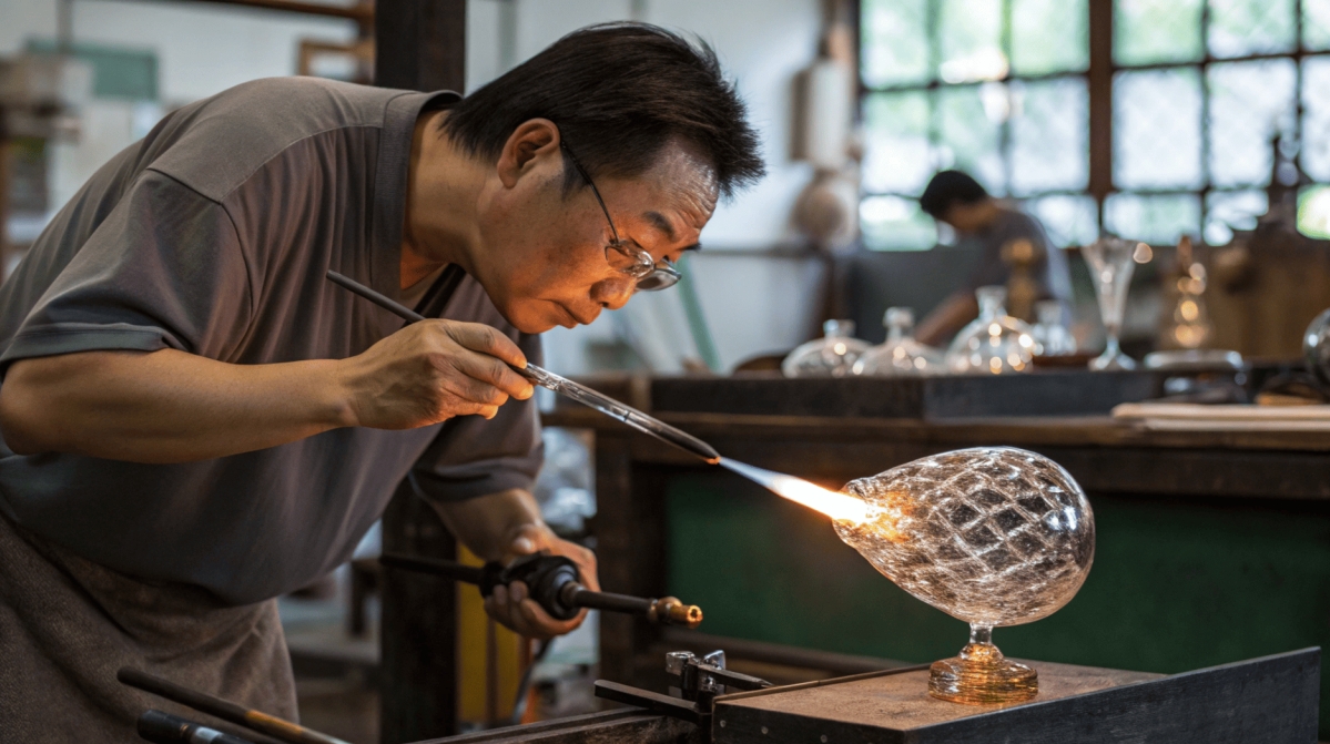 Artisan hand-blowing glass for nebulizer diffuser