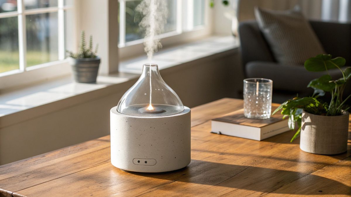 Minimalist concrete diffuser on a wooden table with natural light