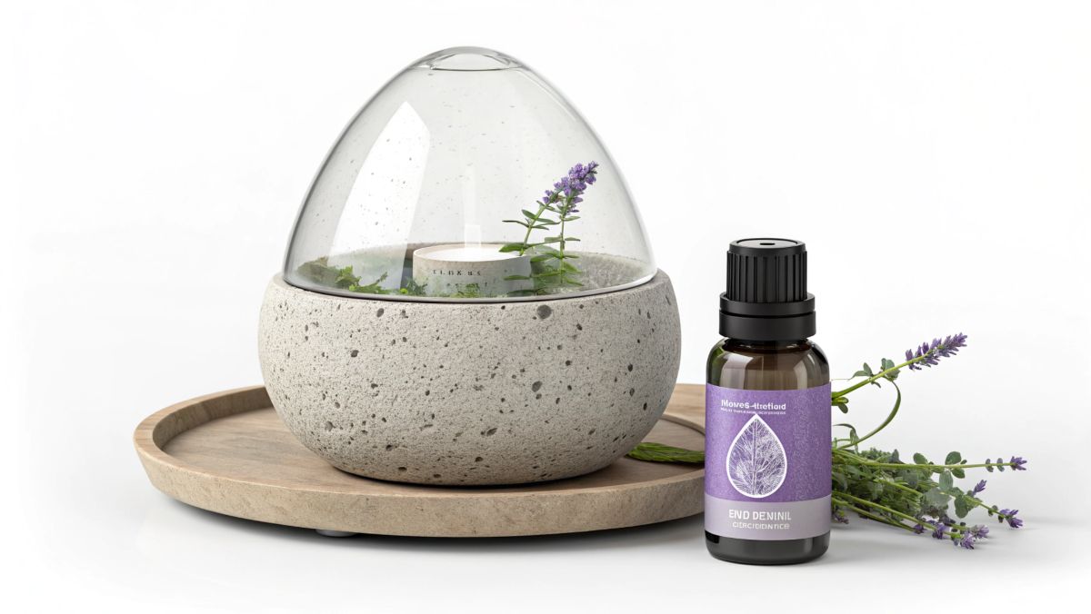 Concrete nebulizing diffuser with lavender essential oil bottle