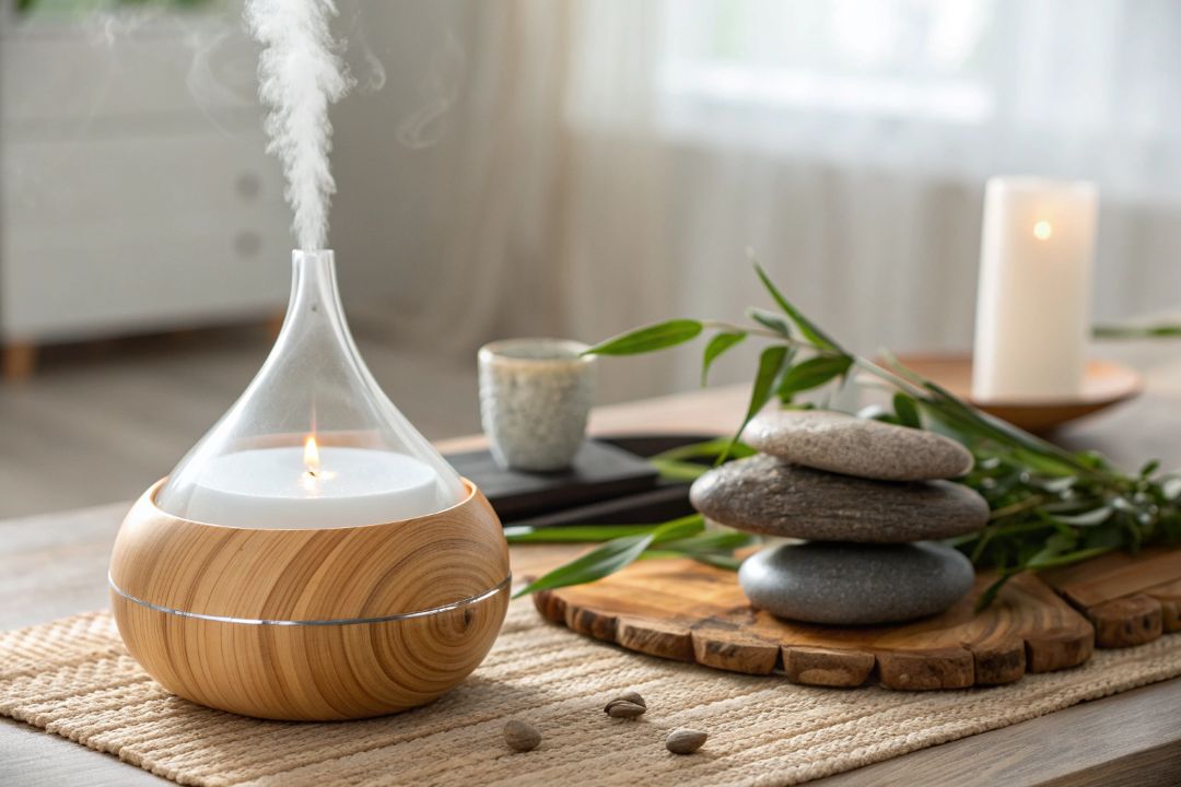 Glass and nebulizing diffuser creating a calm wellness space