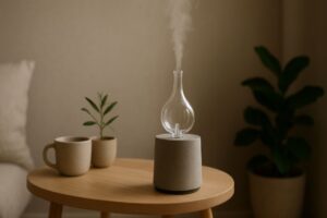 Minimalist mindful corner with a concrete nebulizing diffuser on a wooden table