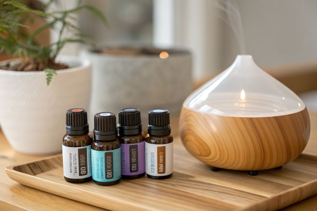 Essential oils in glass bottles next to a concrete nebulizing diffuser