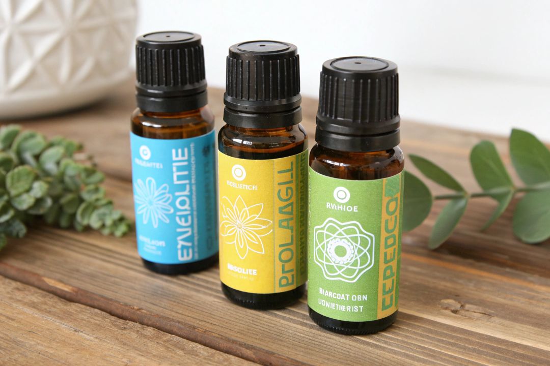 Essential oils with labels for relaxation, energy, and focus