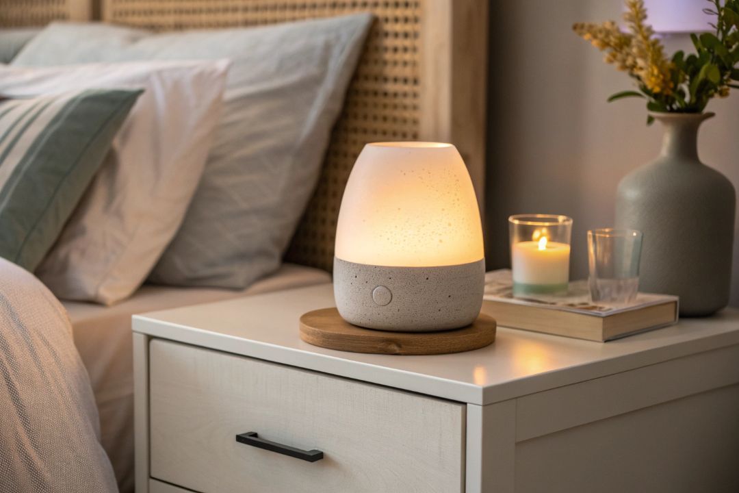 Minimalist mindful corner with a concrete nebulizing diffuser releasing essential oils