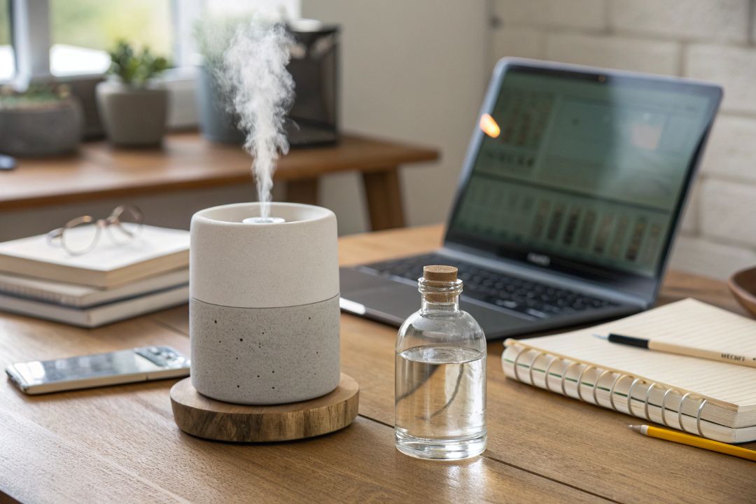 Diffuser in a home office beside laptop