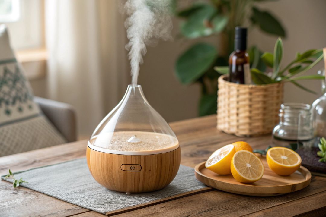 Essential oil diffuser creating a calming self-care ritual space