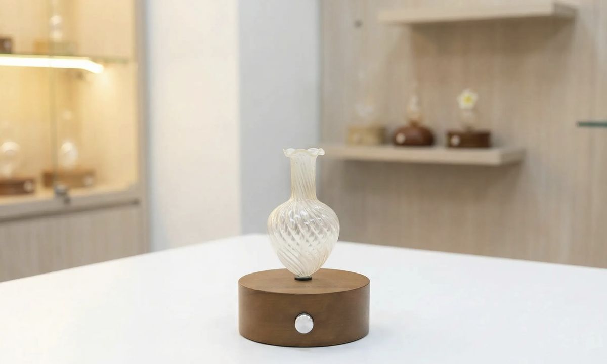 Close-up of glass nebulizing diffuser chamber preserving pure essential oils