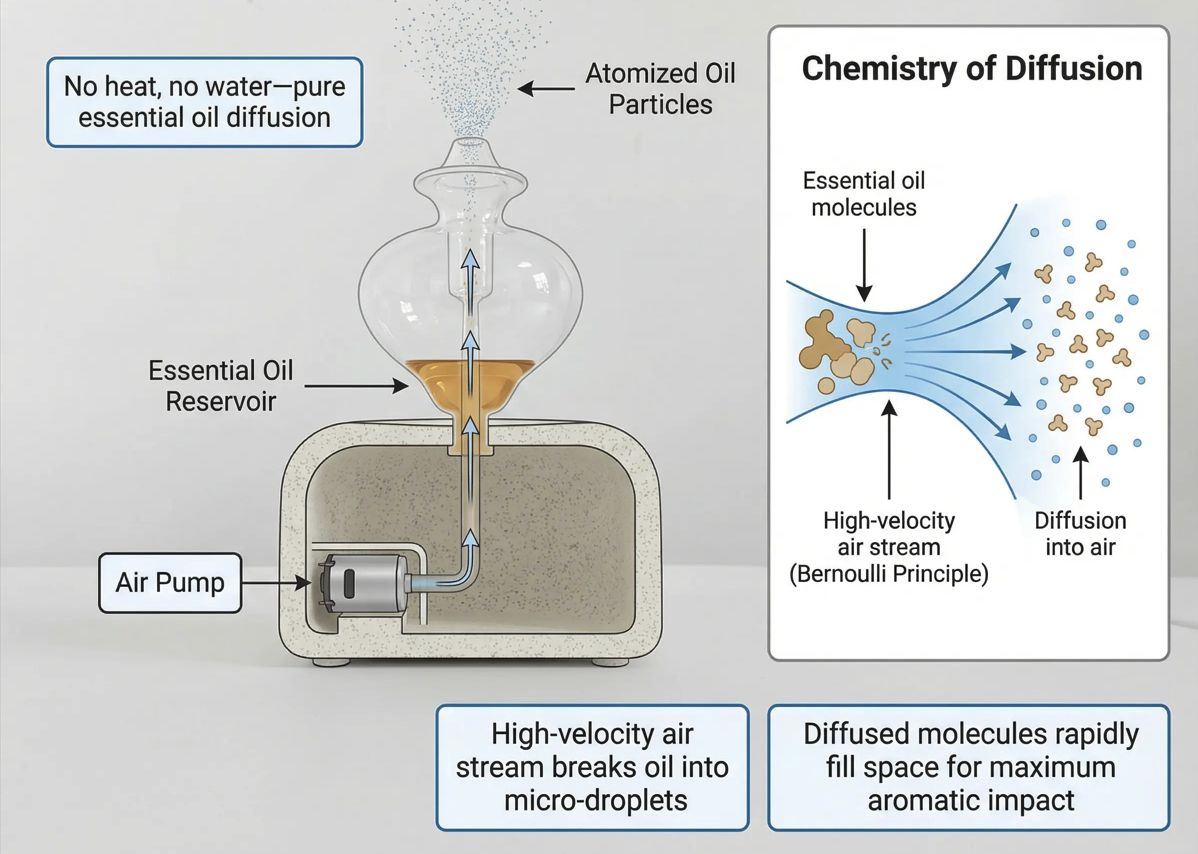 Glass nebulizing diffuser structure with low maintenance design